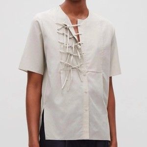 COS Cotton/Silk Front Tie Short-Sleeve Shirt in Tan, Size 4